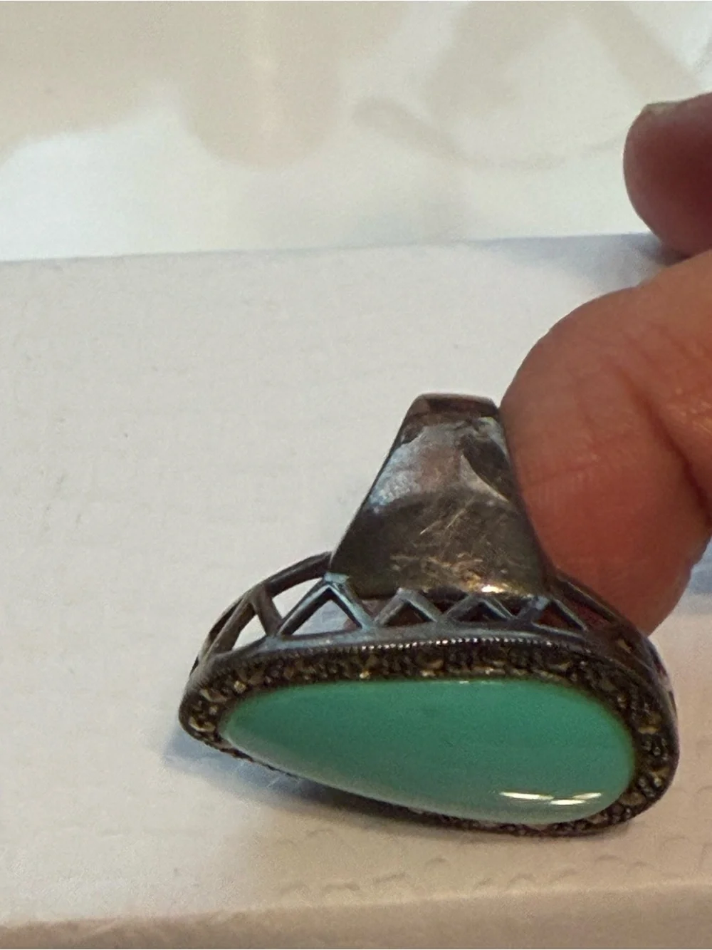 Vintage art deco revival sterling silver oval turquoise cabochon marcasite ring